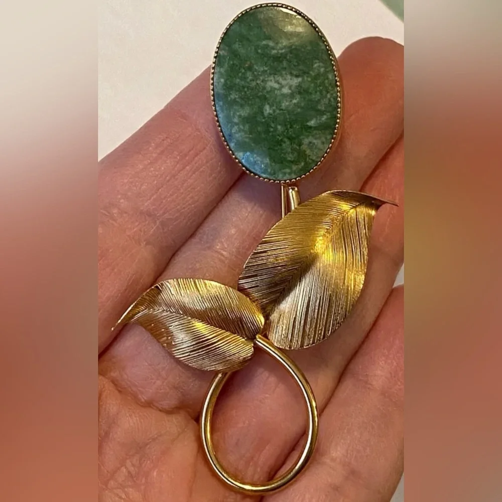 Vintage Mid Century Jade Leaf Brooch Pin - 1/20 12K GF- Rolyn R INC / HNC